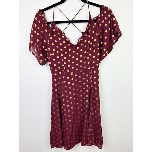 Topshop A Line Off the Shoulder Mini Dress Burgundy w Gold Metallic Polka Dots 4 - Picture 3 of 15